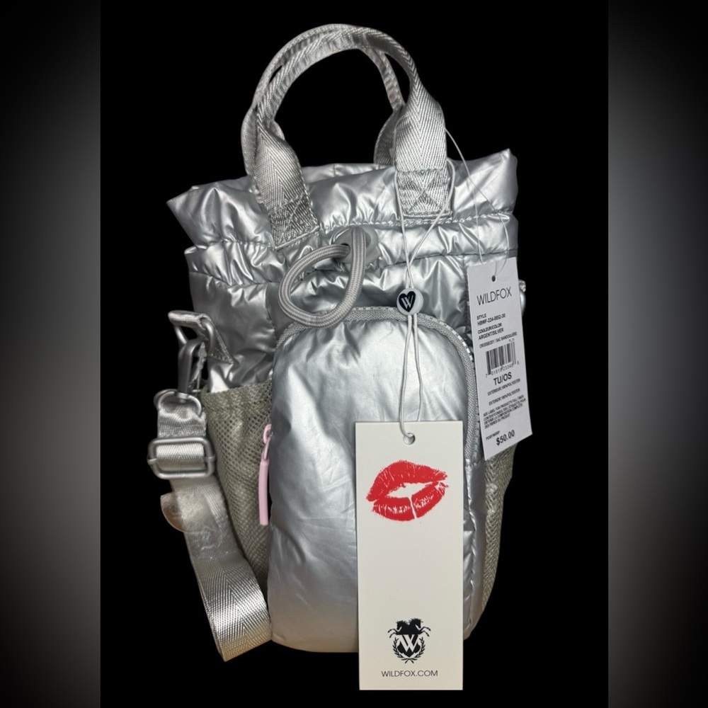 Wildfox Puffer Crossbody Bag in metallic silver. Great for carrying waterbottles